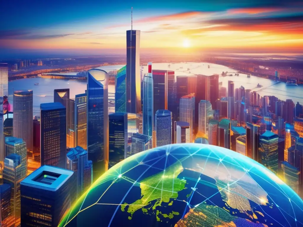 Paisaje financiero mundial: rascacielos y gráficos Paisaje financiero global con rascacielos imponentes y gráficos de políticas monetarias internacionales