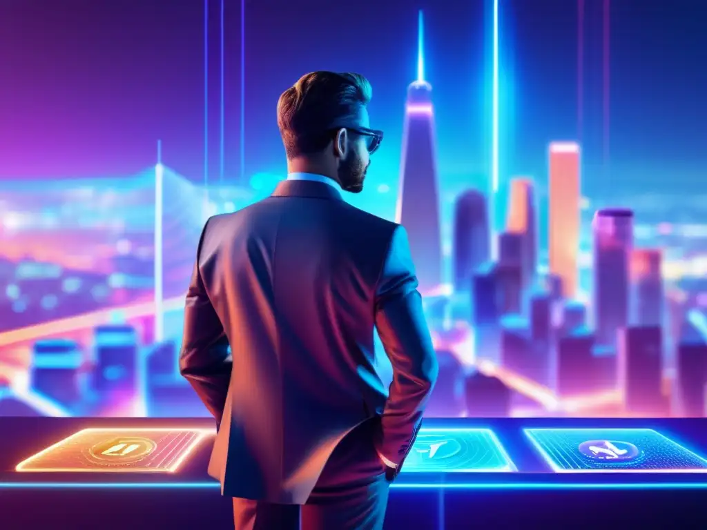 Paisaje futurista de cripto cumple Paisaje futurista de criptomonedas y compliance en una metrópolis iluminada por luces de neón