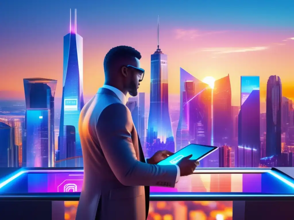 Futurista ciudad con rascacielos DeFi Paisaje futurista con rascacielos, hologramas DeFi y hombre de negocios con tablet