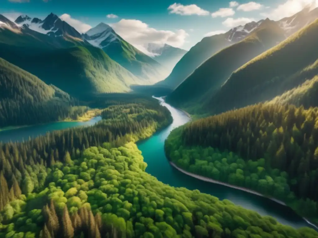 Bosque verde y río cristalino en montañas nevadas Un paisaje impresionante muestra bosque verde, montañas nevadas y río cristalino