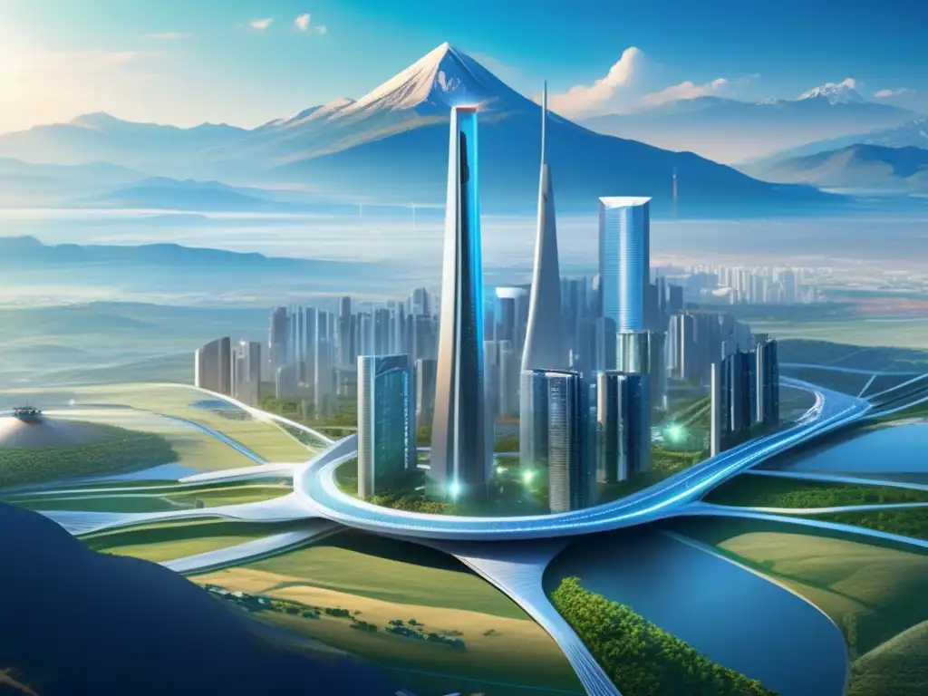 Paisaje sostenible: ciudad futurista y montañas Paisaje impresionante de Country B con ciudad futurista y energía renovable