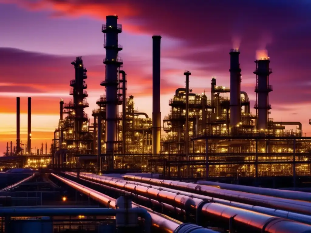 Paisaje industrial con refinerías y tuberías al atardecer Paisaje industrial de refineries y tuberías: Geopolítica y acciones de energía