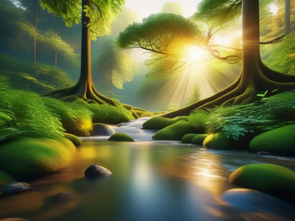 Bosque verde vibrante bañado por el sol Un paisaje natural con árboles vibrantes, un arroyo cristalino y una conexión profunda con la naturaleza