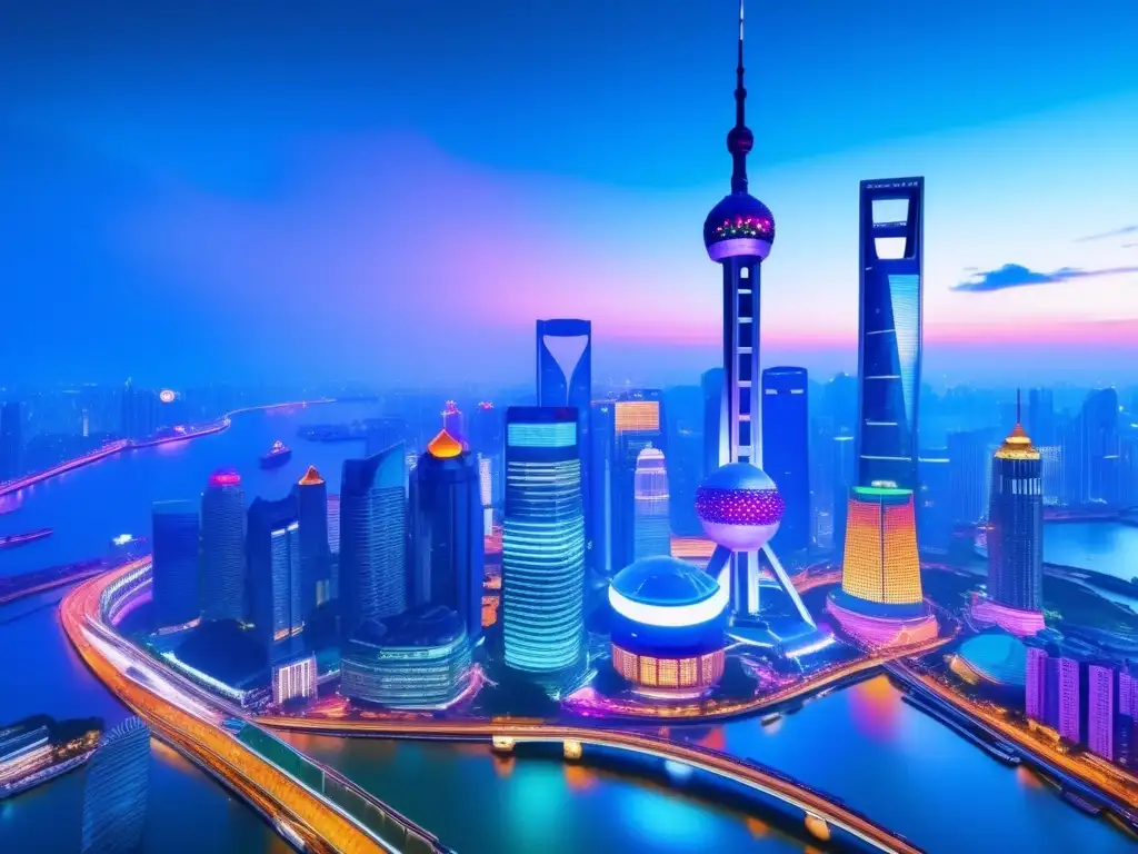 Noche vibrante en Shanghai Paisaje nocturno de Shanghai, distrito financiero vibrante y ultradetallado