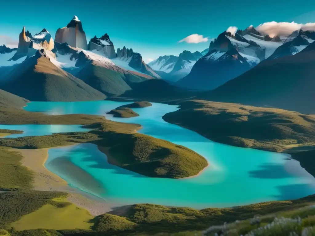 Paisaje impresionante de Patagonia Paisaje panorámico Patagonia: montañas nevadas, lagos turquesa, valle verde, río, ecolodge sostenible y empresas con propósito