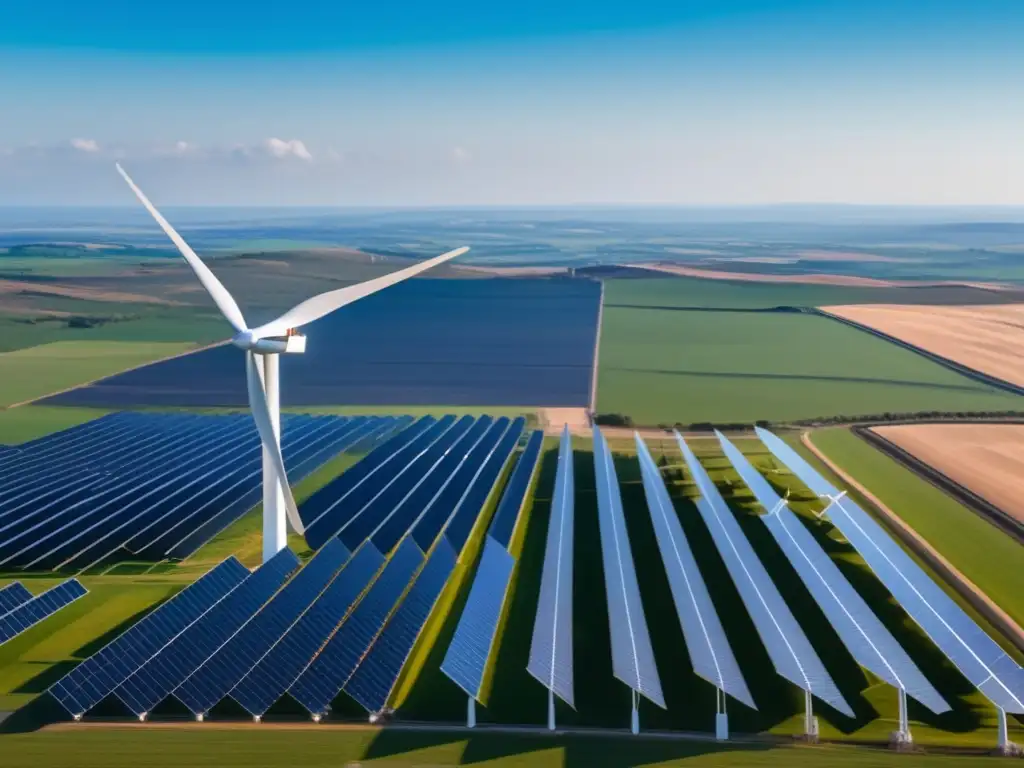 Energías renovables en armonía Paisaje sereno con energías renovables: granja solar, parque eólico y central hidroeléctrica
