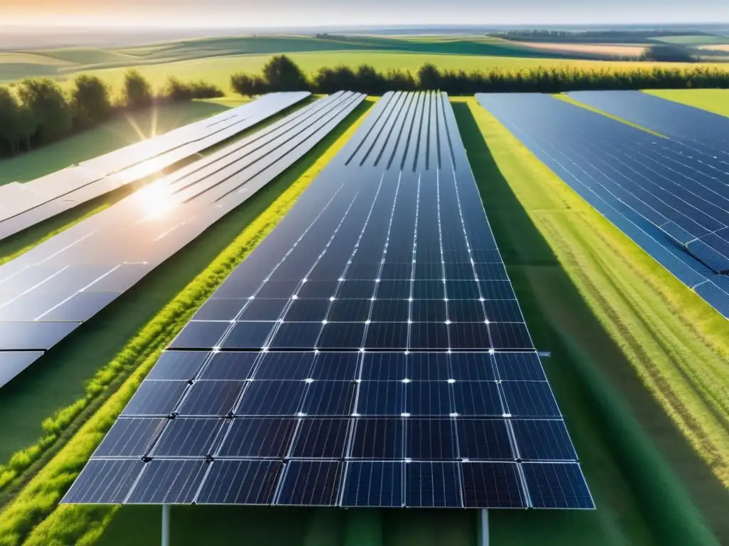 Paisaje solar: energía limpia y renovable Paisaje solar con paneles alineados perfectamente, generando energía renovable y simbolizando beneficios de invertir en energía renovable