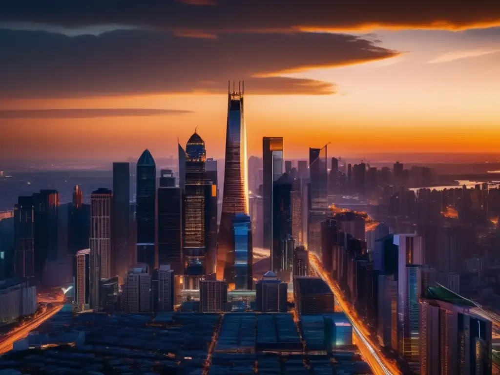 Ciudad vibrante al atardecer: inversión inmobiliaria Paisaje urbano al atardecer, ideal invertir fondos inmobiliarios (110 caracteres)