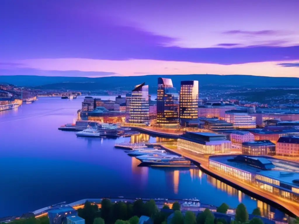 Atardecer en Oslo: arquitectura moderna Paisaje urbano de Oslo al atardecer, reflejando modernidad y legislación de inversiones en Noruega