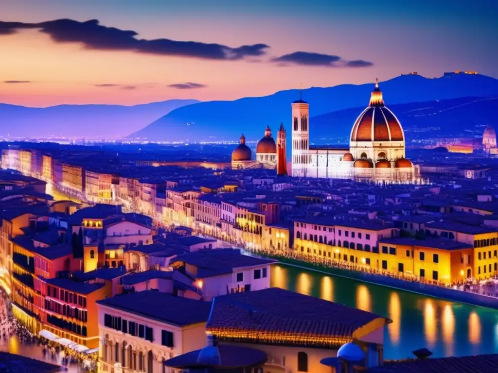 Ciudad italiana ajetreada al atardecer Paisaje urbano italiano al anochecer, con rascacielos iluminados, multitud de personas y símbolos de regulaciones y burocracia