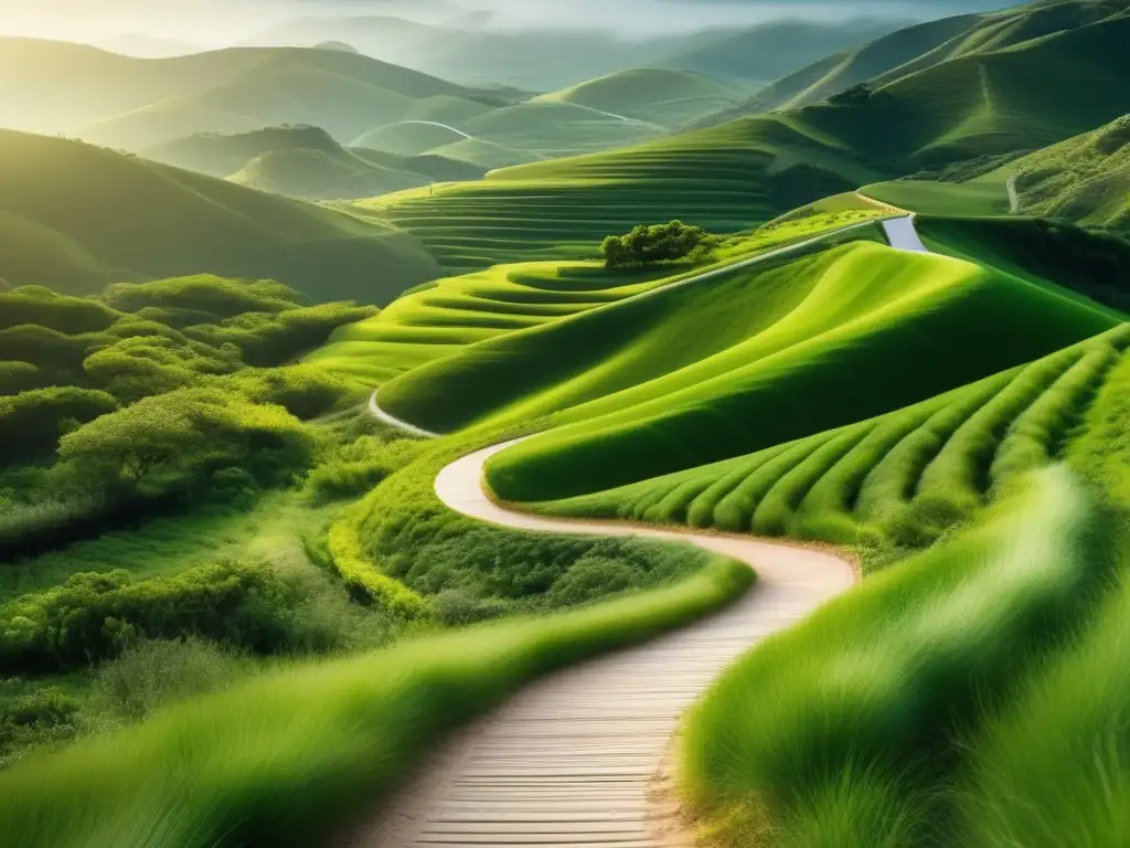 Riqueza creciente a largo plazo Paisaje verde con camino, monedas de oro creciendo y flores vibrantes, simbolizando la multiplicación de la riqueza a través del interés compuesto