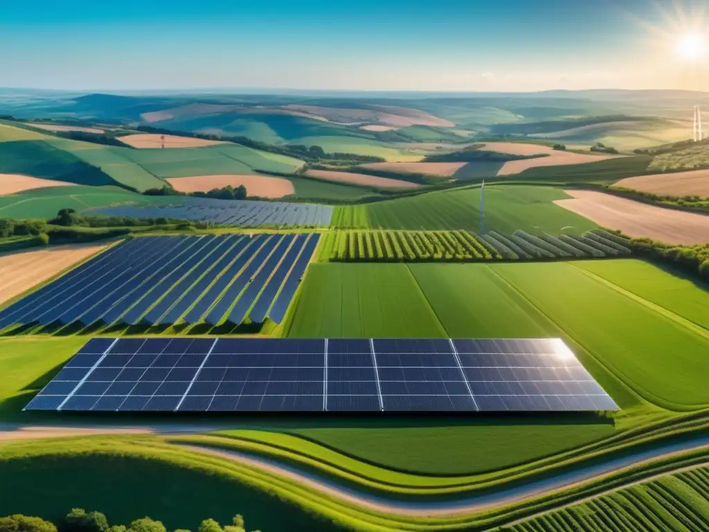 Paisaje verde con granjas solares y molinos de viento Paisaje verde con energía renovable: Oportunidades de inversión en energías renovables