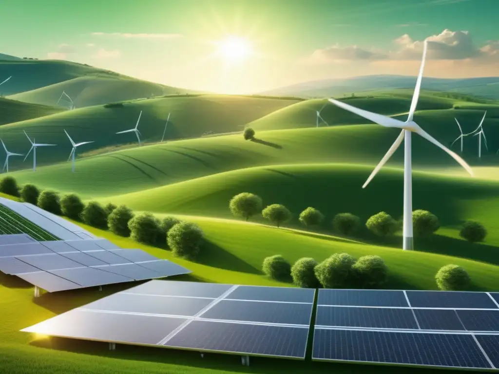 Paisaje verde con energía renovable Paisaje verde con energías renovables, simbolizando los beneficios de los bonos verdes