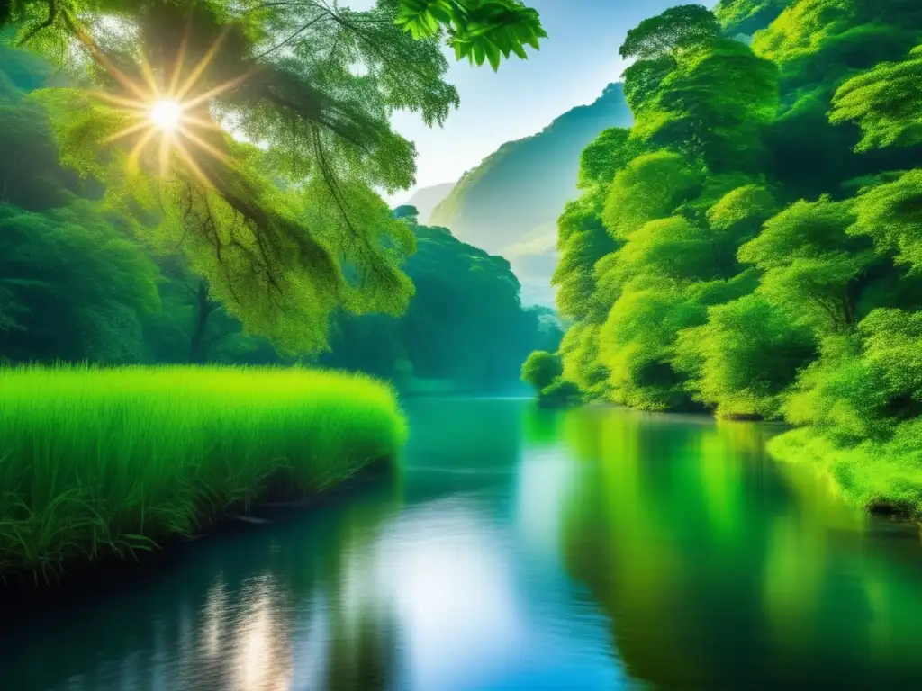 Paisaje verde con río cristalino y puente Un paisaje verde exuberante con río cristalino, árboles majestuosos y puente de madera