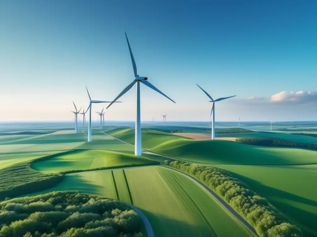 Paisaje verde con molinos de viento en el horizonte Paisaje verde con molinos eólicos: Beneficios de los bonos verdes en energías renovables