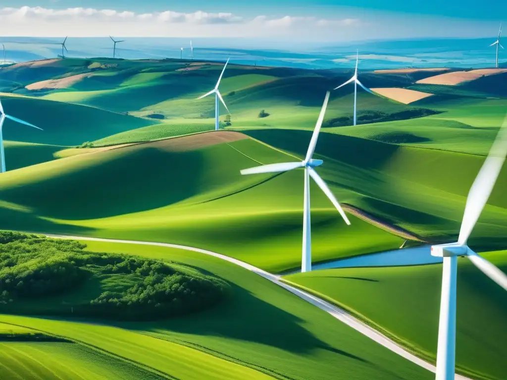 Paisaje verde con molinos de viento Paisaje verde con molinos de viento blancos, simbolizando inversión renovable para principiantes