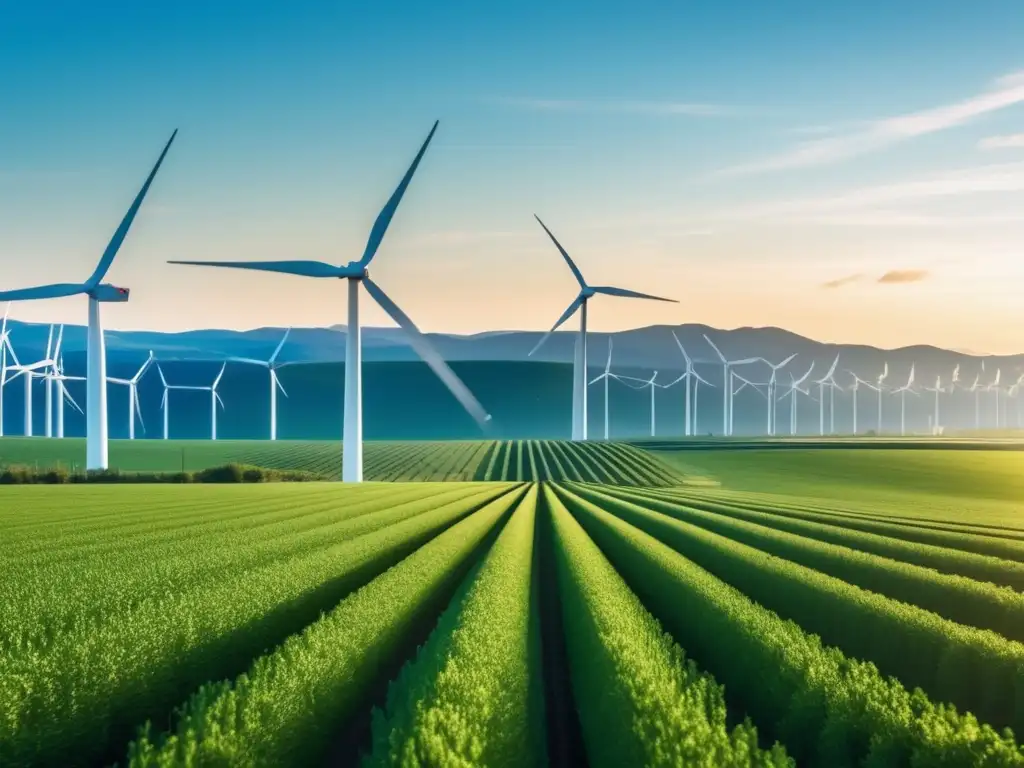 Energía renovable y colaboración en campo verde Paisaje verde con molinos de viento y profesionales discutiendo: Beneficios de bonos verdes en energías renovables