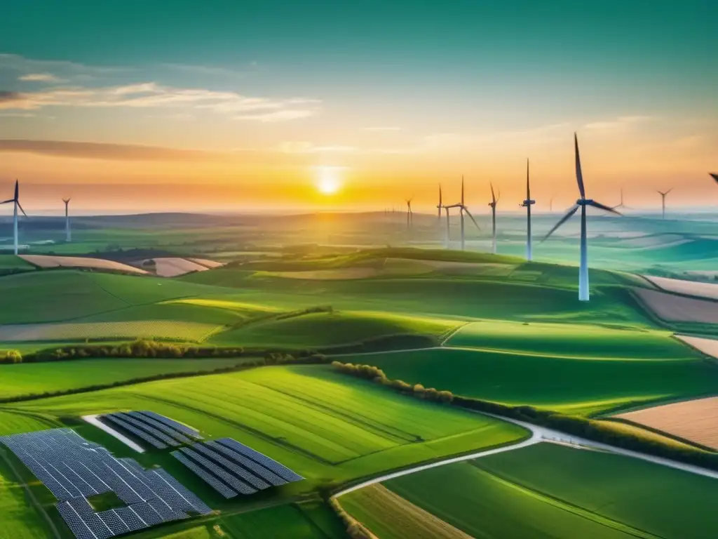 Paisaje sostenible con energía verde Paisaje verde con molinos de viento y paneles solares - Rentabilidad bolsa verde responsable