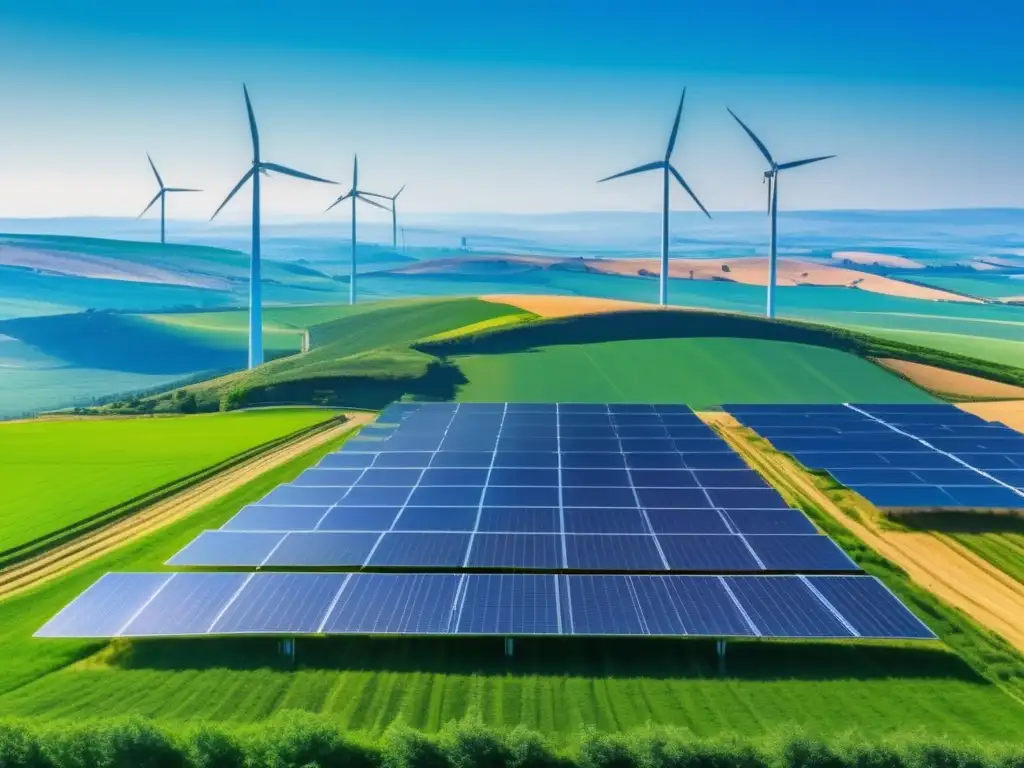 Paisaje verde con paneles solares y molinos de viento Paisaje verde con paneles solares y aerogeneradores en Europa: Inversión en energías renovables continentales