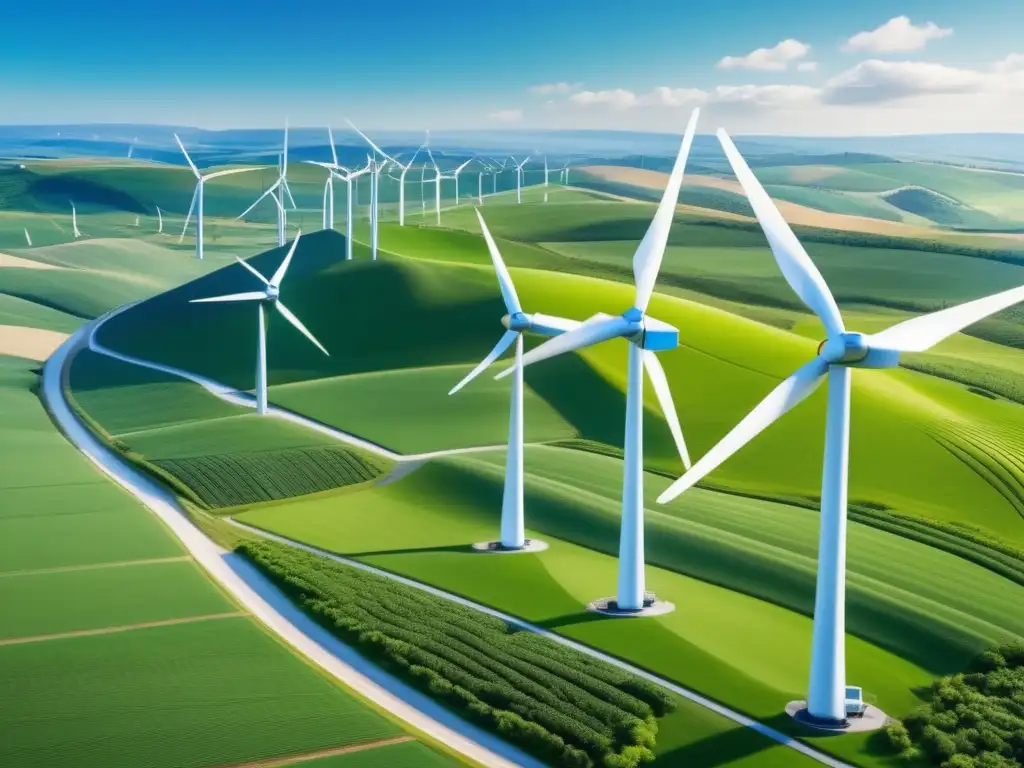 Paisaje verde con molinos de viento y paneles solares Paisaje verde con parque eólico y paneles solares: Normas ISO para inversiones verdes