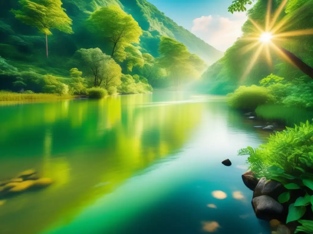 Río sereno en paisaje verde Paisaje verde con río sereno: Oportunidades de inversión en agua