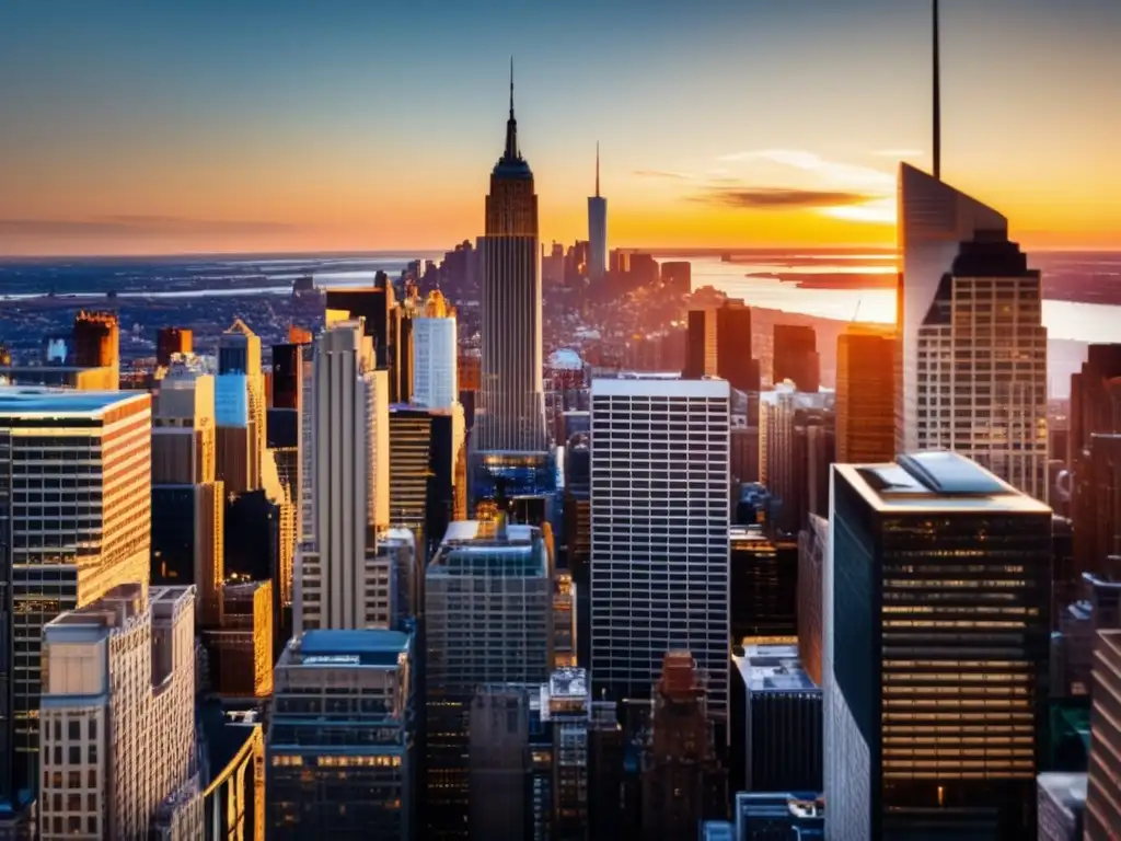 Wall Street al atardecer: ciudad dinámica y moderna Panorama Wall Street en atardecer