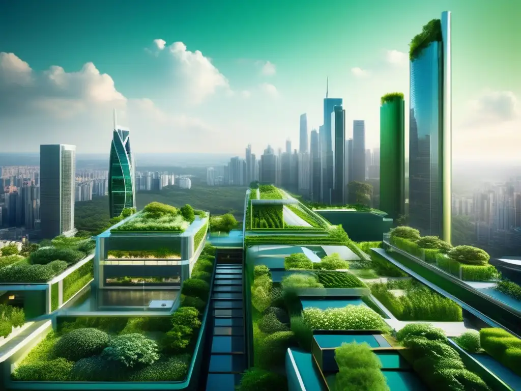 Ciudad moderna con arquitectura verde Panorama de ciudad moderna con arquitectura verde, simbolizando la coexistencia armoniosa de naturaleza e infraestructura