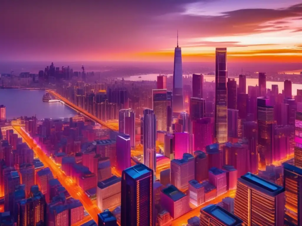 Impresionante ciudad moderna al atardecer Panorama de ciudad moderna al atardecer con rascacielos detallados en tonos cálidos