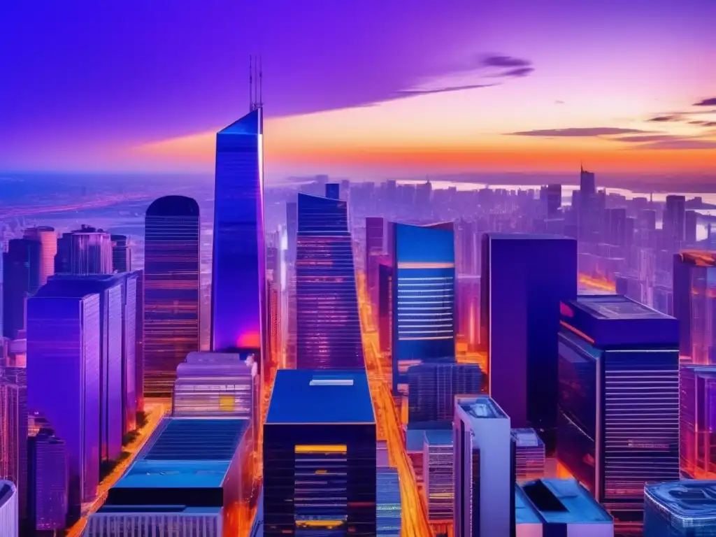 Ciudad moderna y vibrante con profesionales expertos Panorama de ciudad moderna con rascacielos futuristas, profesionales estudiando gráficos financieros