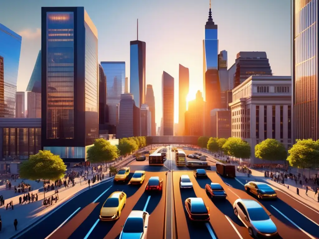 Vista panorámica del distrito financiero con rascacielos modernos Panorama financiero con rascacielos, autos y personas de negocios
