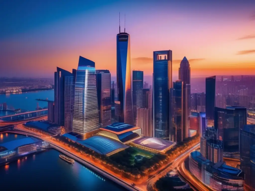 Ciudad moderna al atardecer con profesionales en discusión Panorama ciudad moderna atardecer