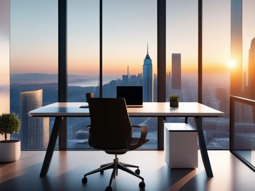 Oficina moderna con vista panorámica y ambiente profesional Panorama moderno de una oficina con vista a la ciudad, muebles minimalistas, escritorio blanco con laptop y notas, profesional pensativo