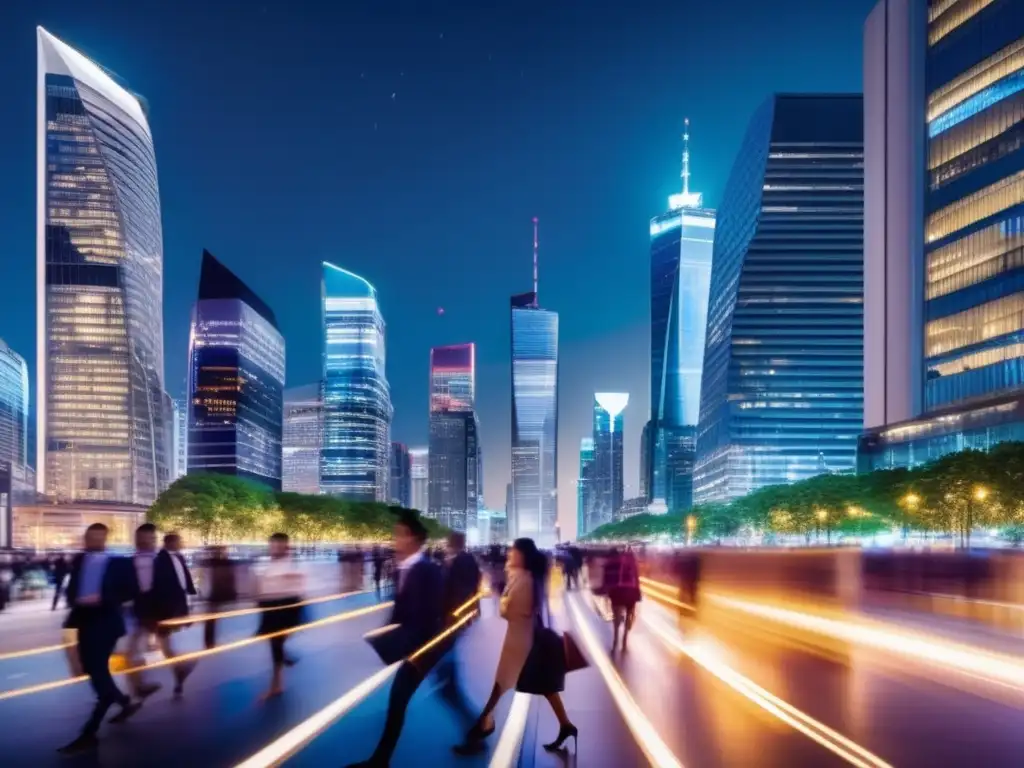 Ciudad nocturna vibrante: economía y finanzas Panorama nocturno de una ciudad vibrante: Políticas gubernamentales durante crisis financieras