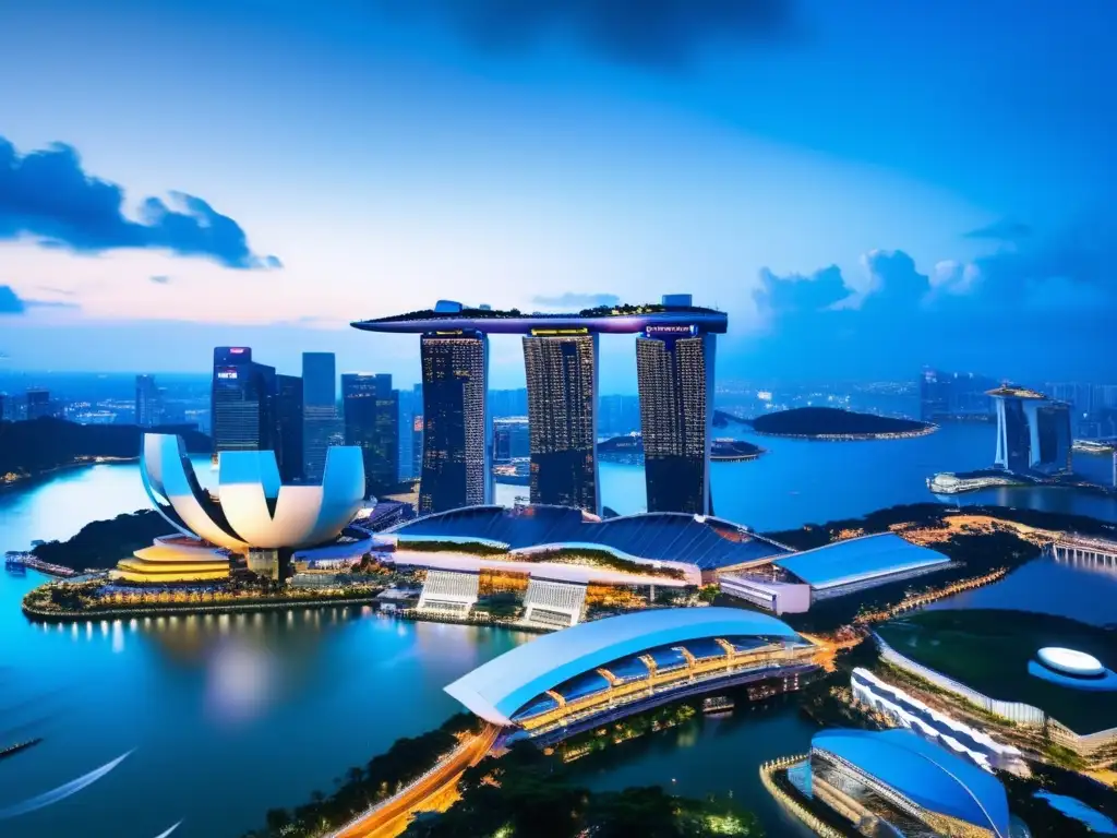 Impresionante ciudad nocturna de Singapur Panorama nocturno de Singapur con rascacielos iluminados y Marina Bay - Leyes de inversión en Sudeste Asiático