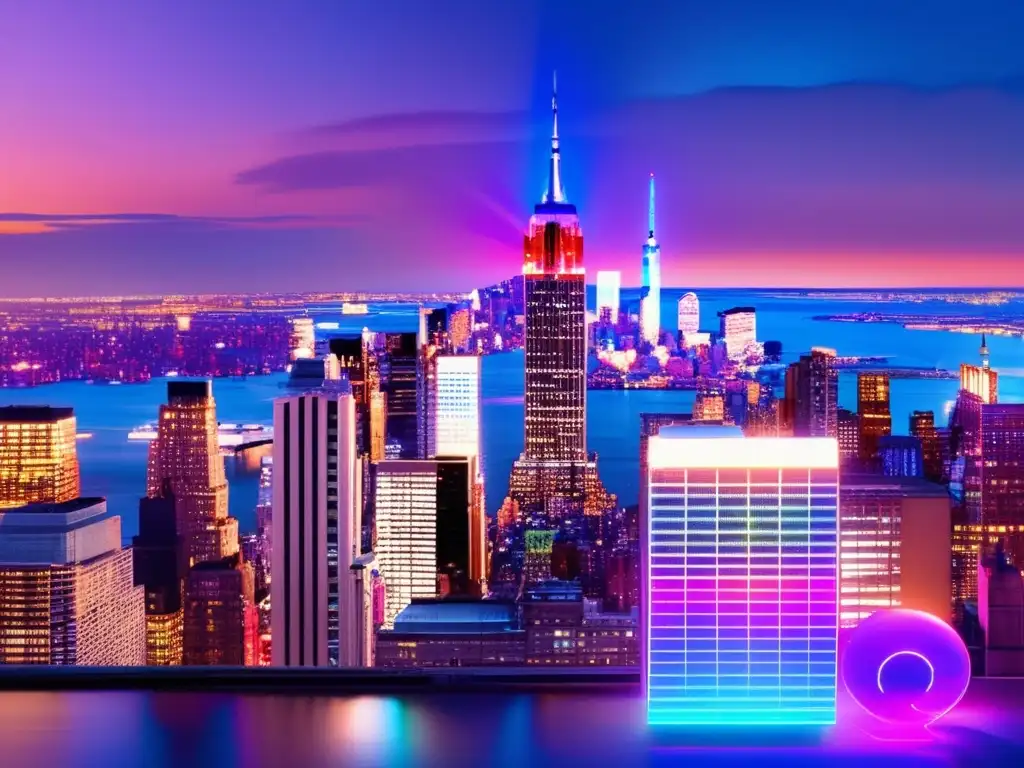 Horizonte de NYC con criptomoneda Panorama nocturno de Nueva York con rascacielos iluminados y símbolo de criptomonedas, destacando la adopción de criptomonedas en países