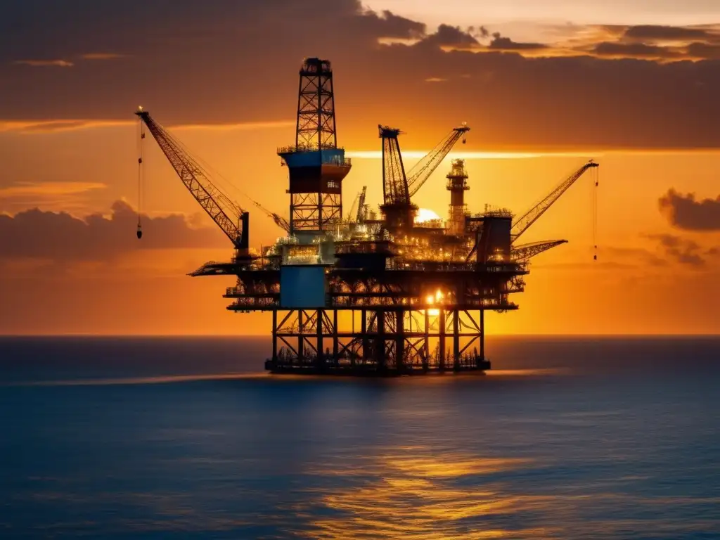 Atardecer en plataforma petrolera Panorama de plataforma petrolera offshore iluminada por el atardecer