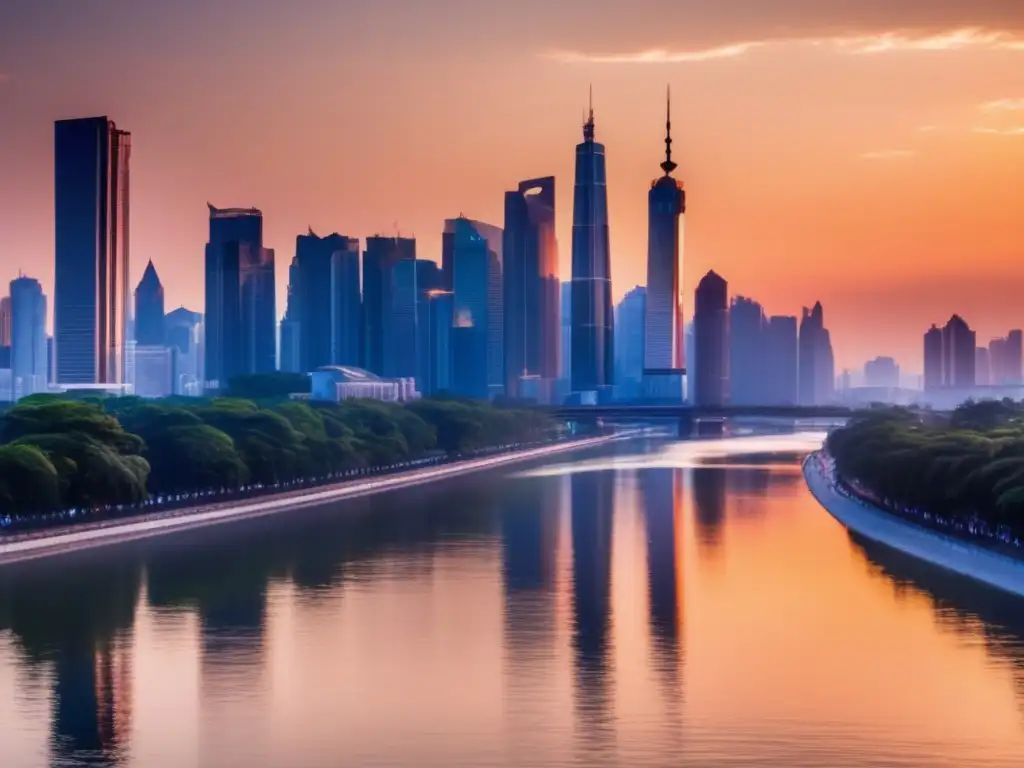 Ciudad moderna al atardecer Panorama urbano al anochecer: protege tus activos financieros contra la inflación