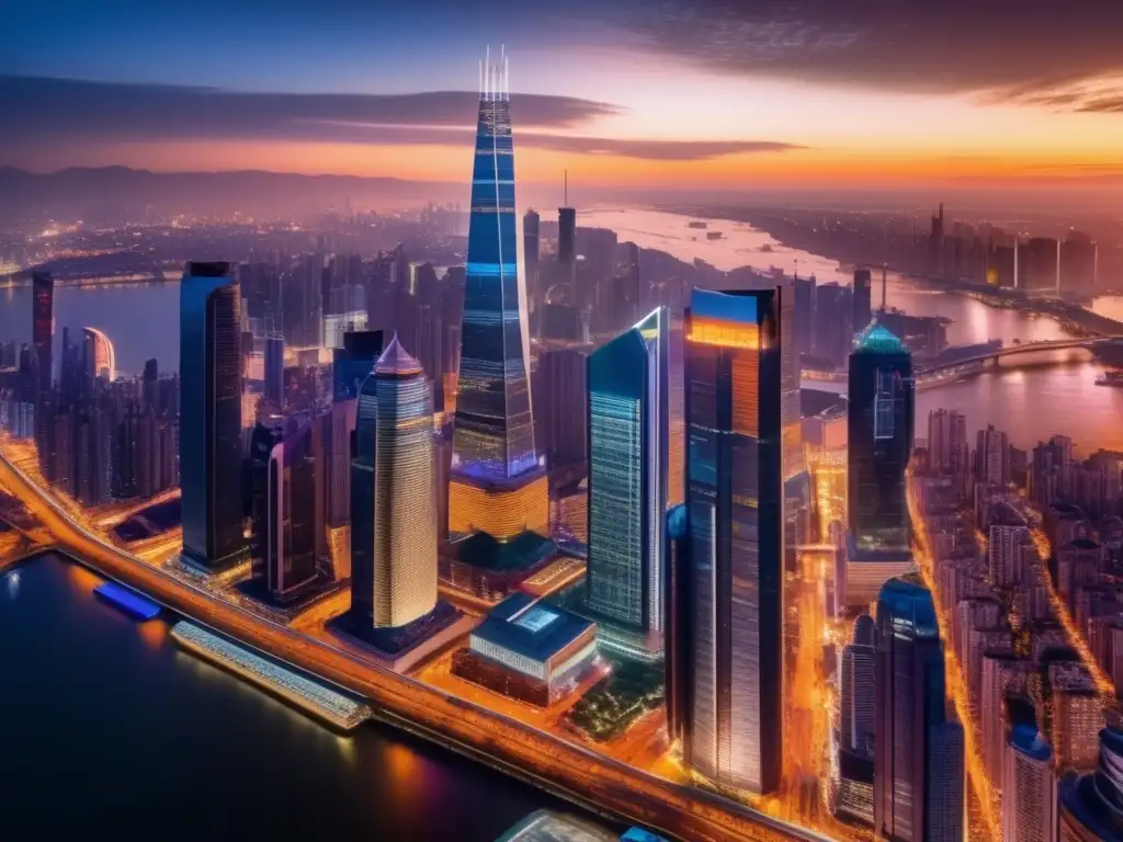 Ciudad moderna al atardecer: éxito y prosperidad Panorama urbano al atardecer con rascacielos, luces vibrantes y éxito financiero - Multiplicar riqueza interés compuesto