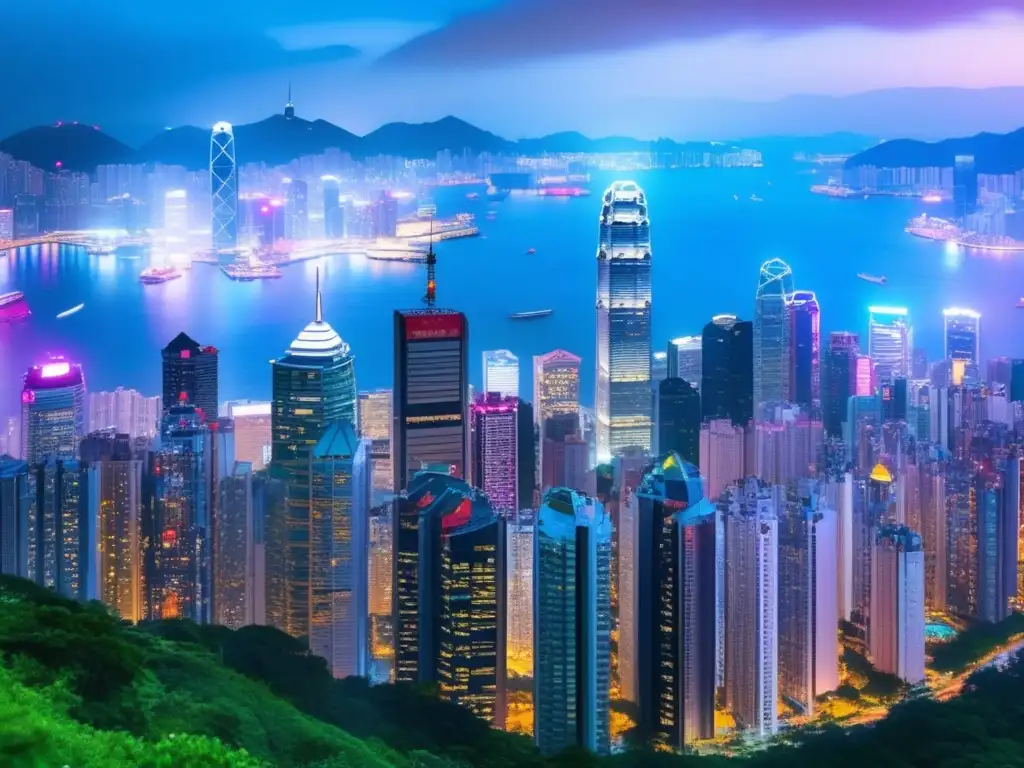 Vista panorámica de Hong Kong: ciudad vibrante y conexión con China Panorama de Hong Kong: la icónica ciudad con su vibrante ambiente urbano, rascacielos y puente que conecta con China