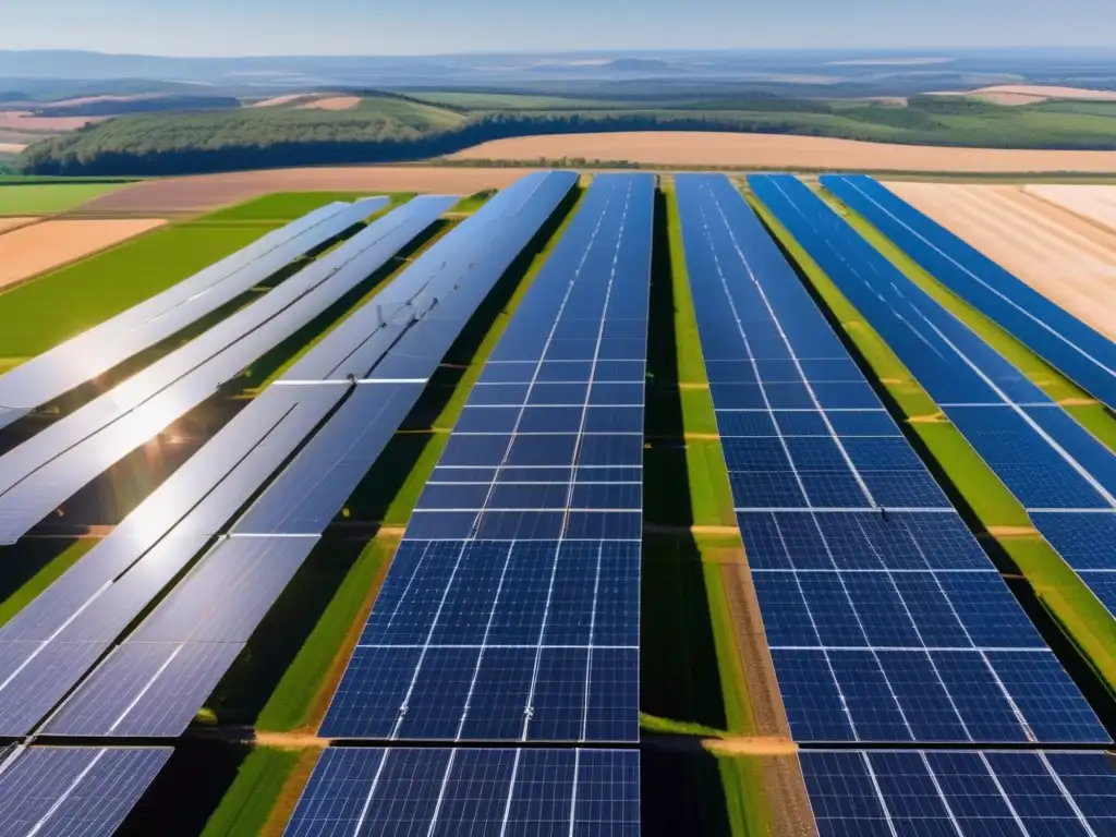 Granja solar: eficiencia y sostenibilidad Panorámica granja solar rentable, paneles solares eficientes, naturaleza verde, turbinas eólicas, inversión renovable