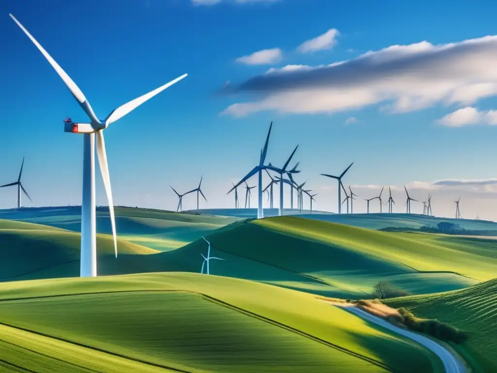 Energía eólica en colinas verdes Panorámica de un impresionante parque eólico en colinas verdes, simbolizando el progreso y beneficios de las subastas de energía renovable