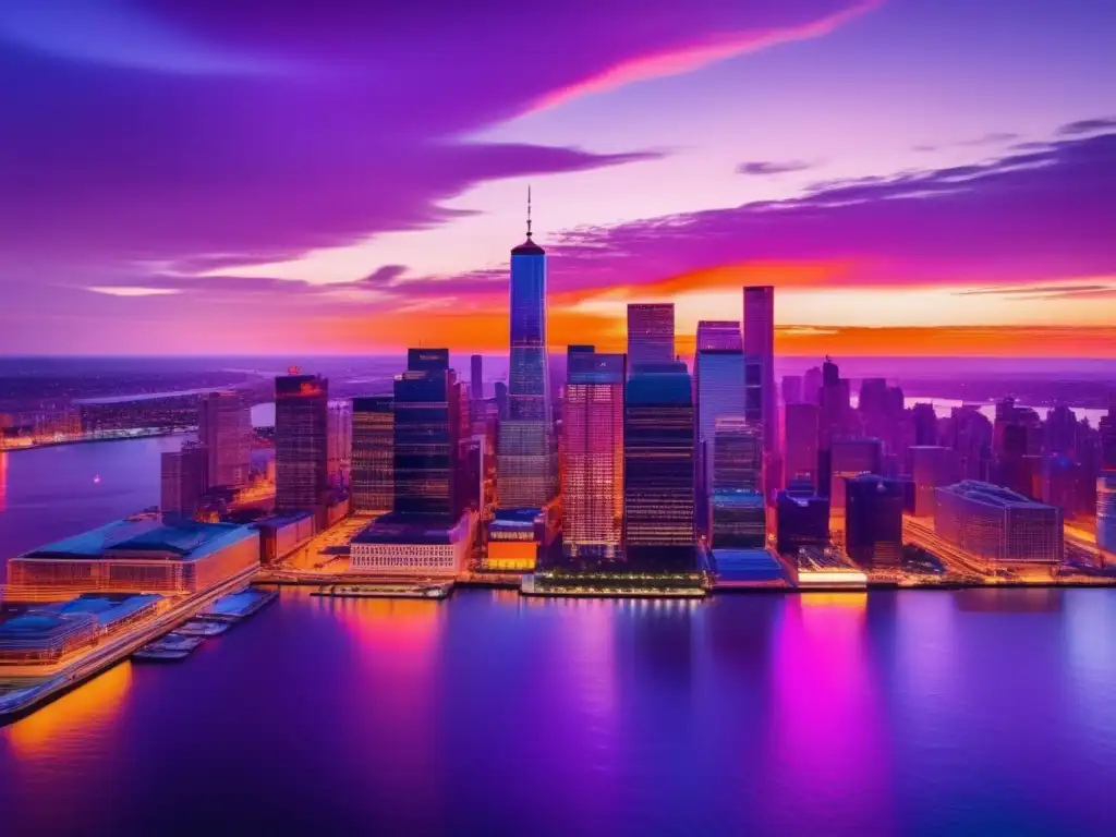 Ciudad moderna al atardecer Panorámica urbana al atardecer con rascacielos modernos reflejando el sol, transmitiendo energía y sofisticación