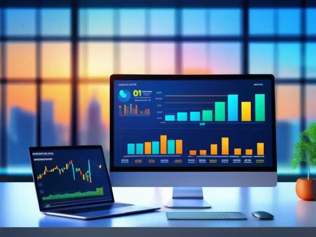 Pantalla de autotrading con gráficos y seguridad Pantalla moderna muestra gráficos financieros y seguridad en autotrading contra bots