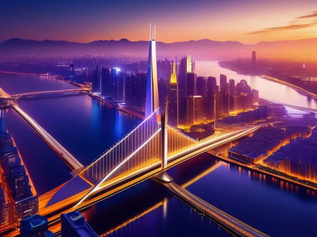 Futurista ciudad dorada al atardecer Papel de los paraísos fiscales en inversiones en una ciudad futurista al atardecer