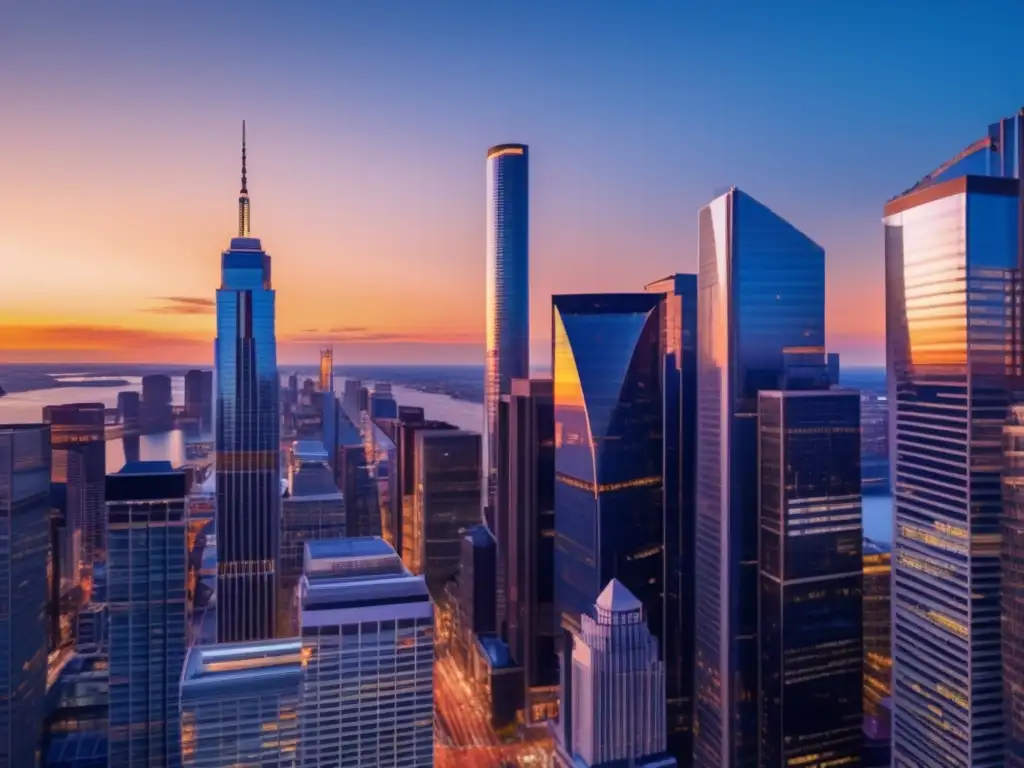 Finanzas urbanas al atardecer Papel paraísos fiscales en inversiones: ciudad financiera atardecer, rascacielos, gente elegante y actividad económica global