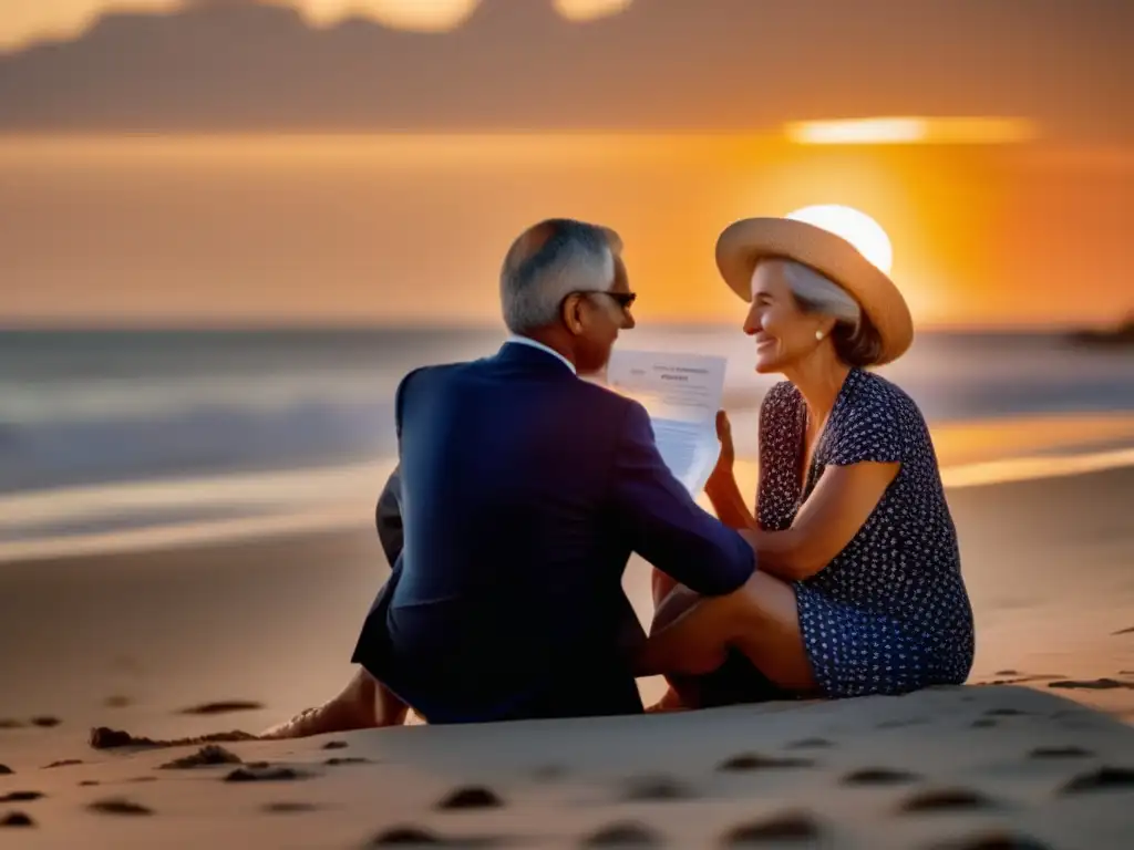 Pareja madura disfruta de retiro en la playa Pareja en playa al atardecer, estrategias de inversión en ETFs para la jubilación
