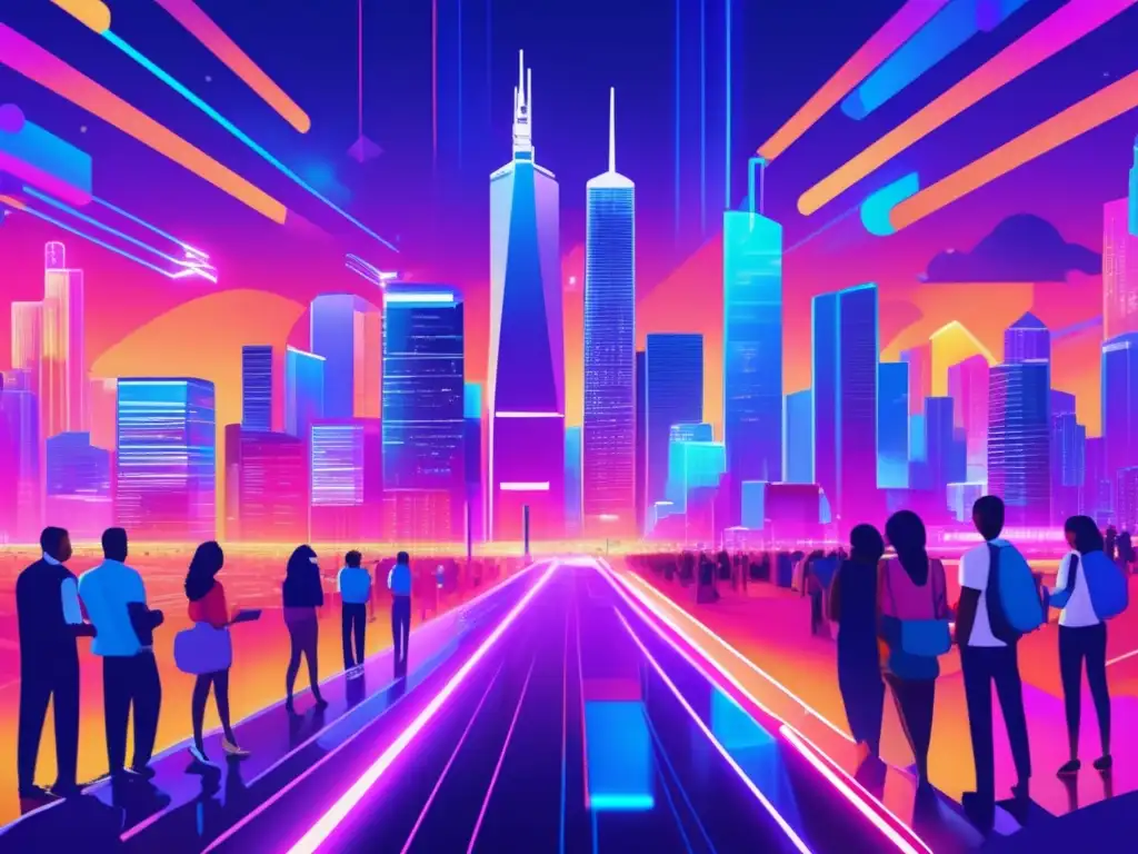 Participación comunitaria en la gobernanza de criptomonedas Participación comunitaria en criptomonedas en una ciudad futurista con rascacielos de código digital y gente colaborando