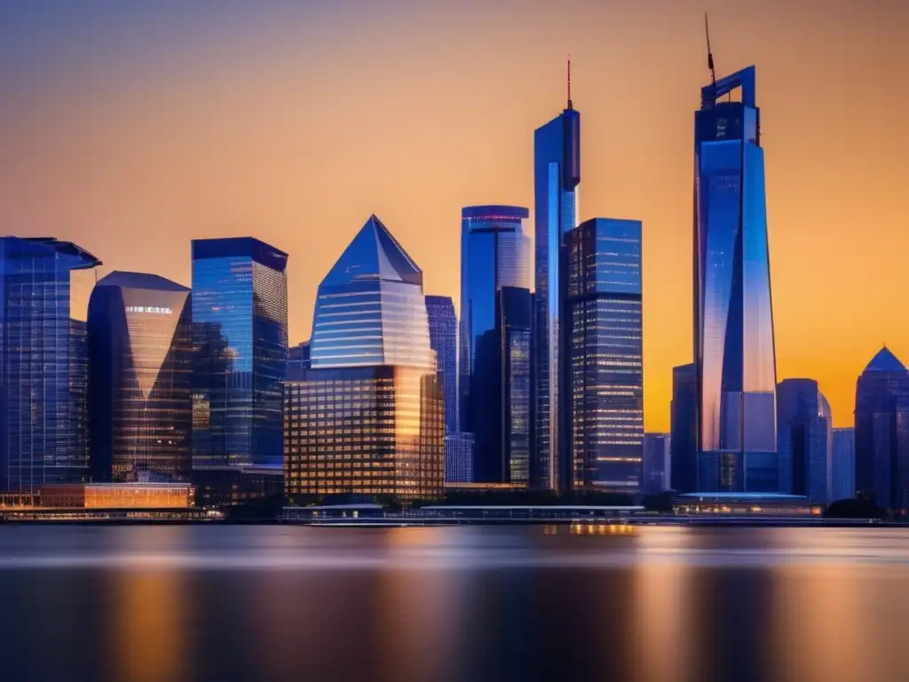 Skyline urbano al atardecer con rascacielos iluminados Patrones ocultos en la bolsa y creencias culturales en un vibrante skyline de una moderna ciudad al atardecer