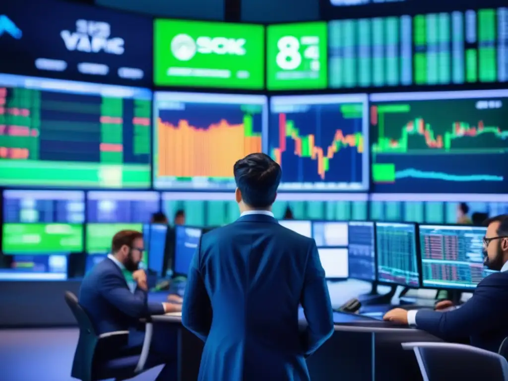 Piso de bolsa vibrante y moderno Patrones ocultos en la bolsa y creencias culturales en una imagen 8k ultradetallada de un bullicioso mercado bursátil