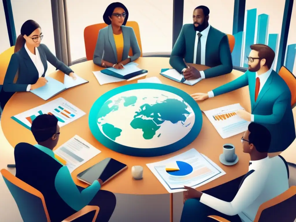 Reunión multicultural en oficina financiera Patrones ocultos en bolsa y creencias culturales en reunión diversa de personas en una oficina moderna con gráficos y documentos financieros